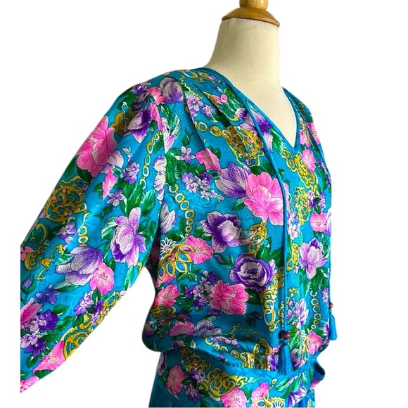 DIANE FREIS Vintage 80s Silk Jacquard Skirt Blouse Set 2 Piece Floral Bohemian - Picture 6 of 17